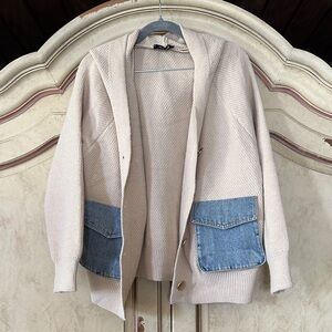 ILLord Hooded Button Front Cardigan with Denim Pockets One Size